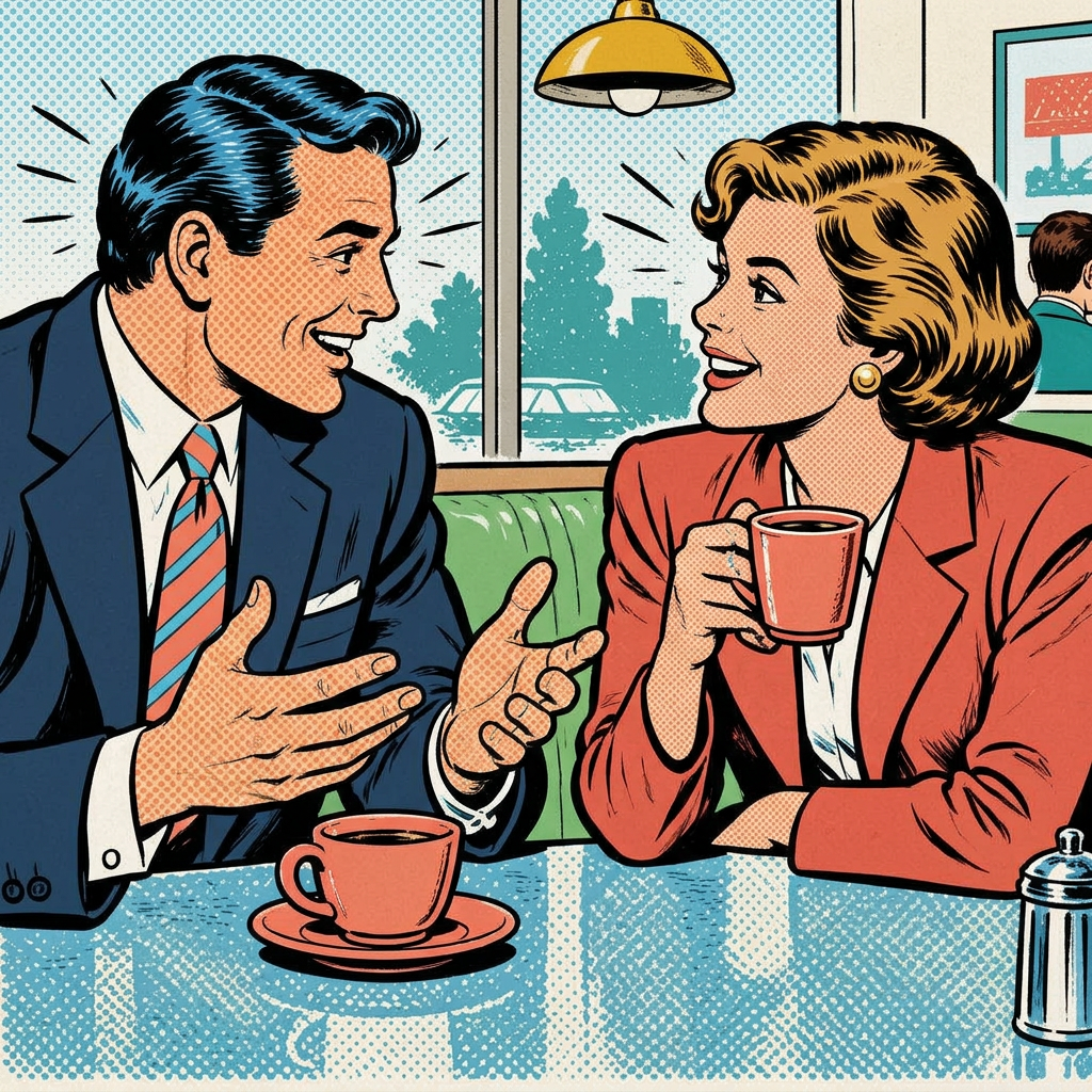 Two executives in an animated conversation over coffee, in retro comic book style