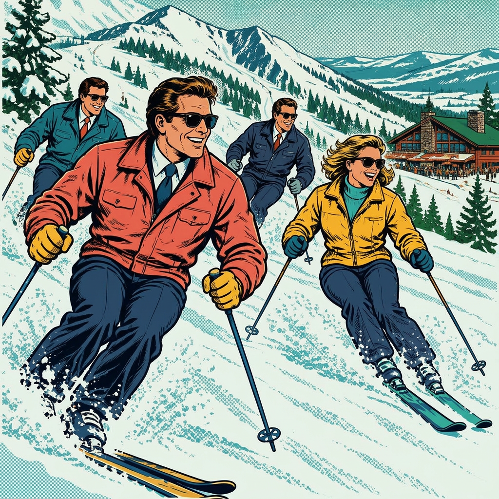 Executives skiing together at the Park City Ski Summit, in retro comic book style