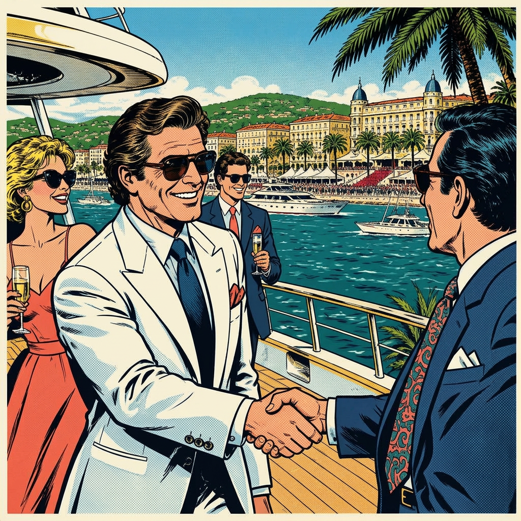 Executives shaking hands on a yacht at Cannes, in retro comic book style